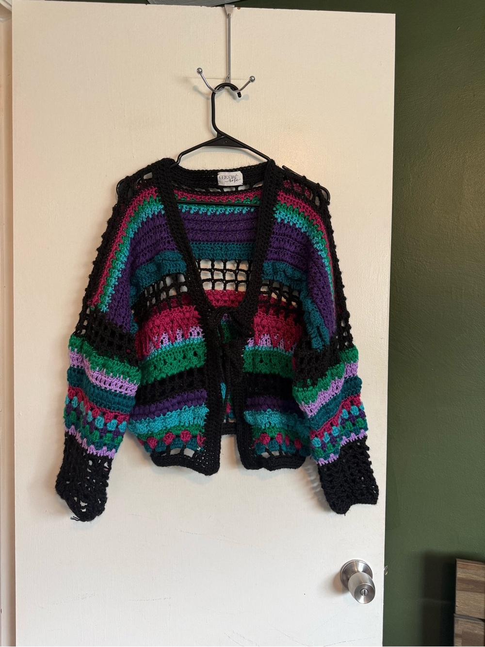 Handmade by me multicolor crochet striped open stitch bow front cardigan sweater